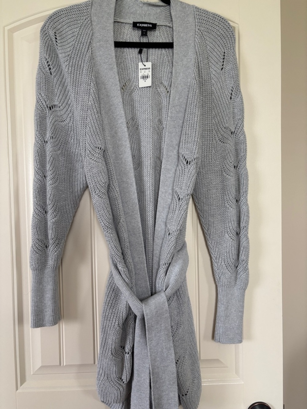 Express NWT Light Gray Open-Front Knit Belted Cardigan
